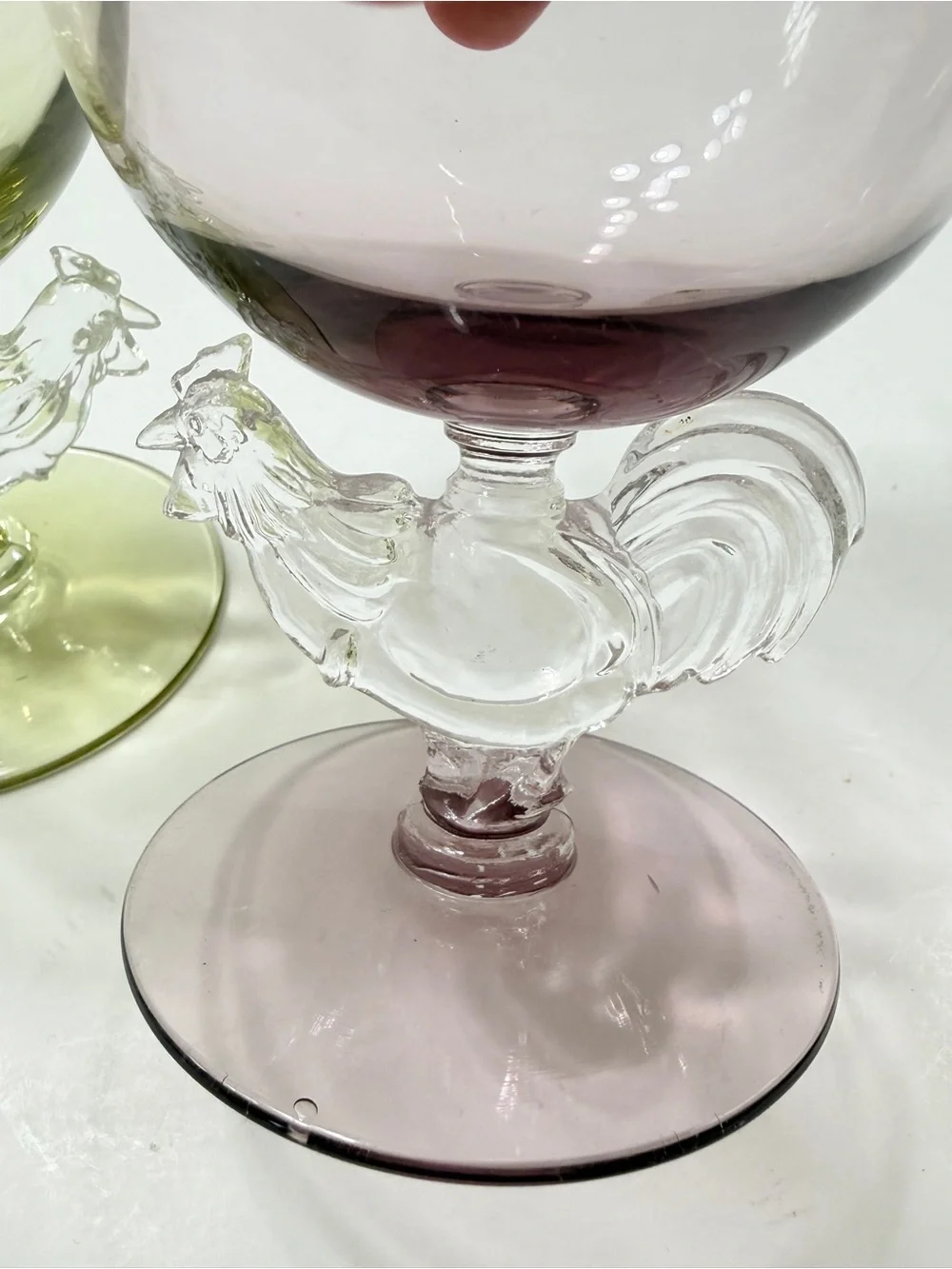 Pair Morgantown Animal & Figurines Liquor Cocktail Glass Rooster Green Purple